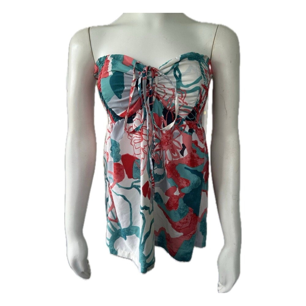 Roxy Girl's Strapless Smocked Back Cinch Drawstring Tie Hawaiian Floral Top XL